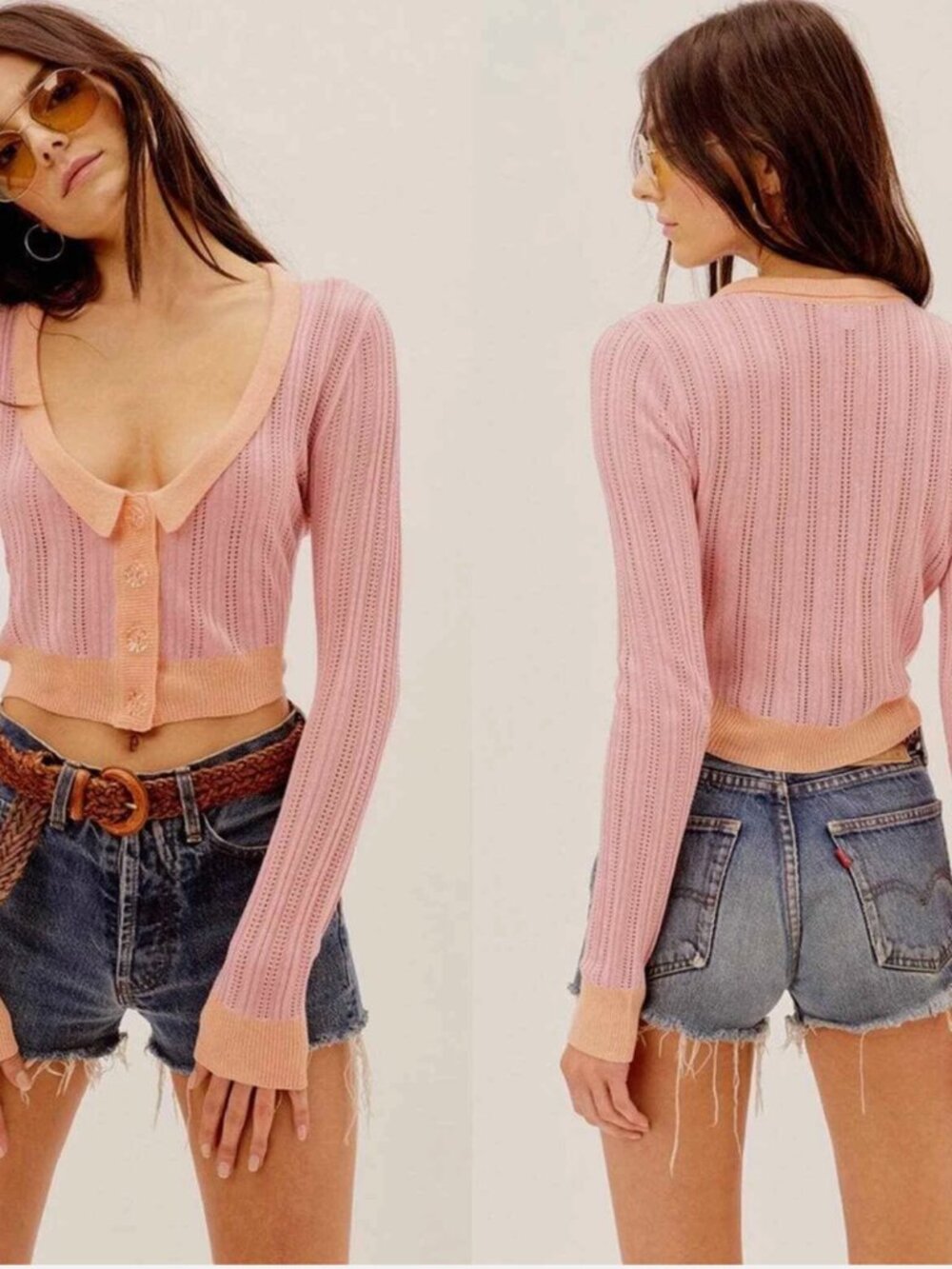 For Love & Lemons Phoebe Pointelle Knit Cropped Cardigan | Size M - Picture 2 of 9
